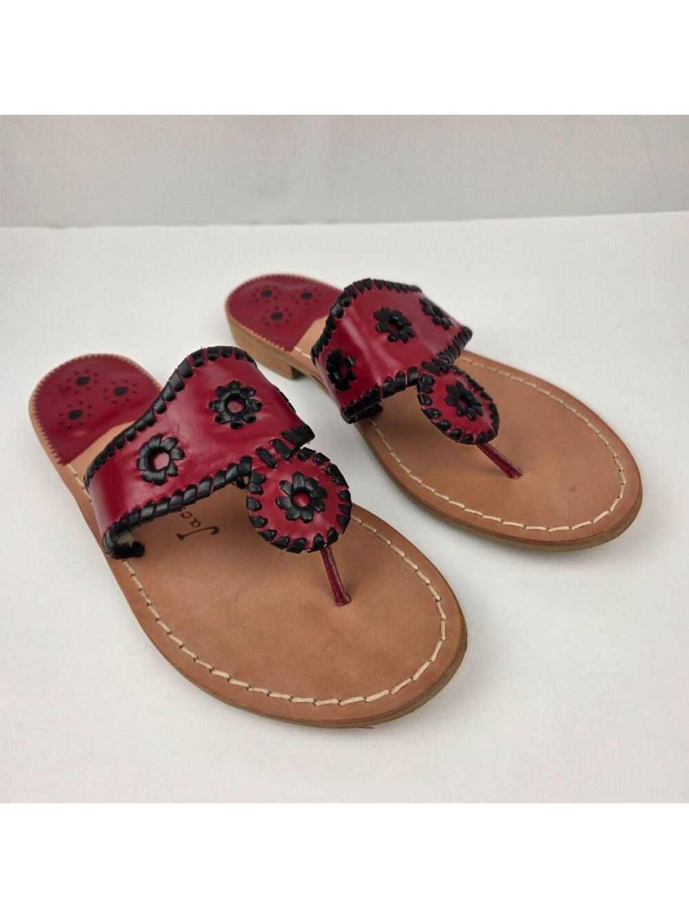 Jack Rogers Red Leather Handmade Sandals With Black Whip Stitching Sz 9.5